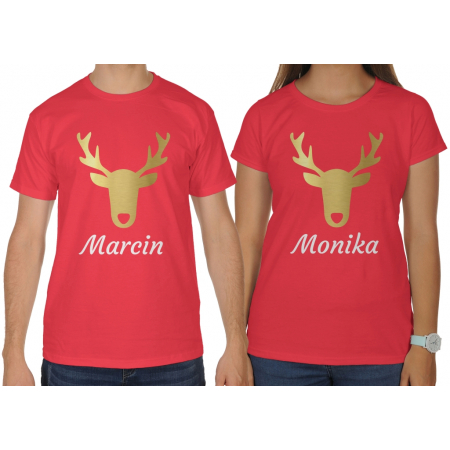 Koszulki dla par zakochanych komplet świąteczny Renifery + imię